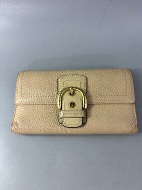 Coach Tan Pebble Leather Buckle Flap Bifold Wallet